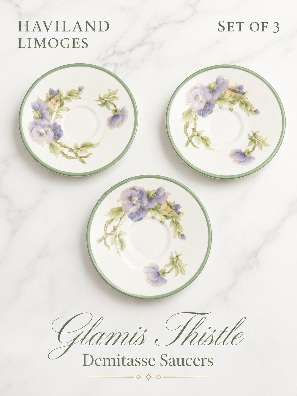 Haviland Limoges Glamis Thistle Demitasse Saucers Set 3 Signed France